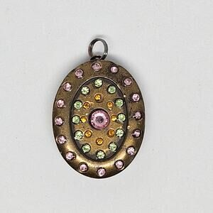 Vintage Oval Brass Locket Rhinestones Purple Green Orange Multistone
